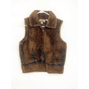 VTG Cobblestone Canyon Winter Trees Brown Vest Fleece Faux Fur Size M